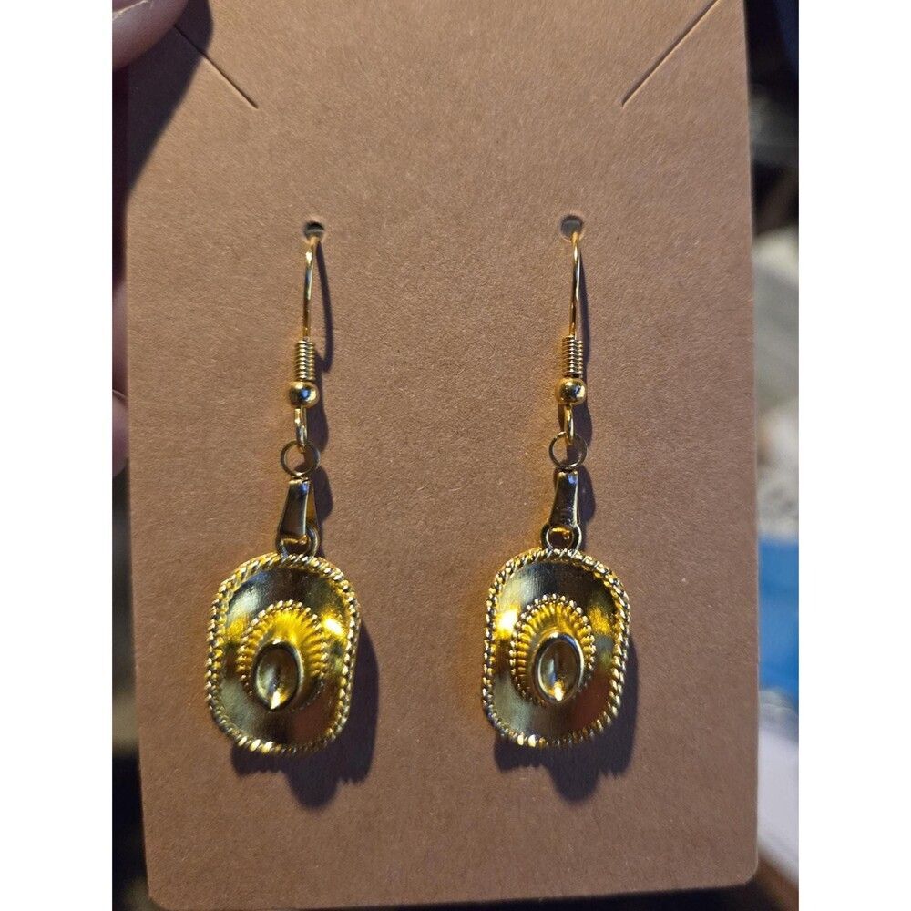 Country Western Cowboy hat Earrings dangle Hand Made Gold Color